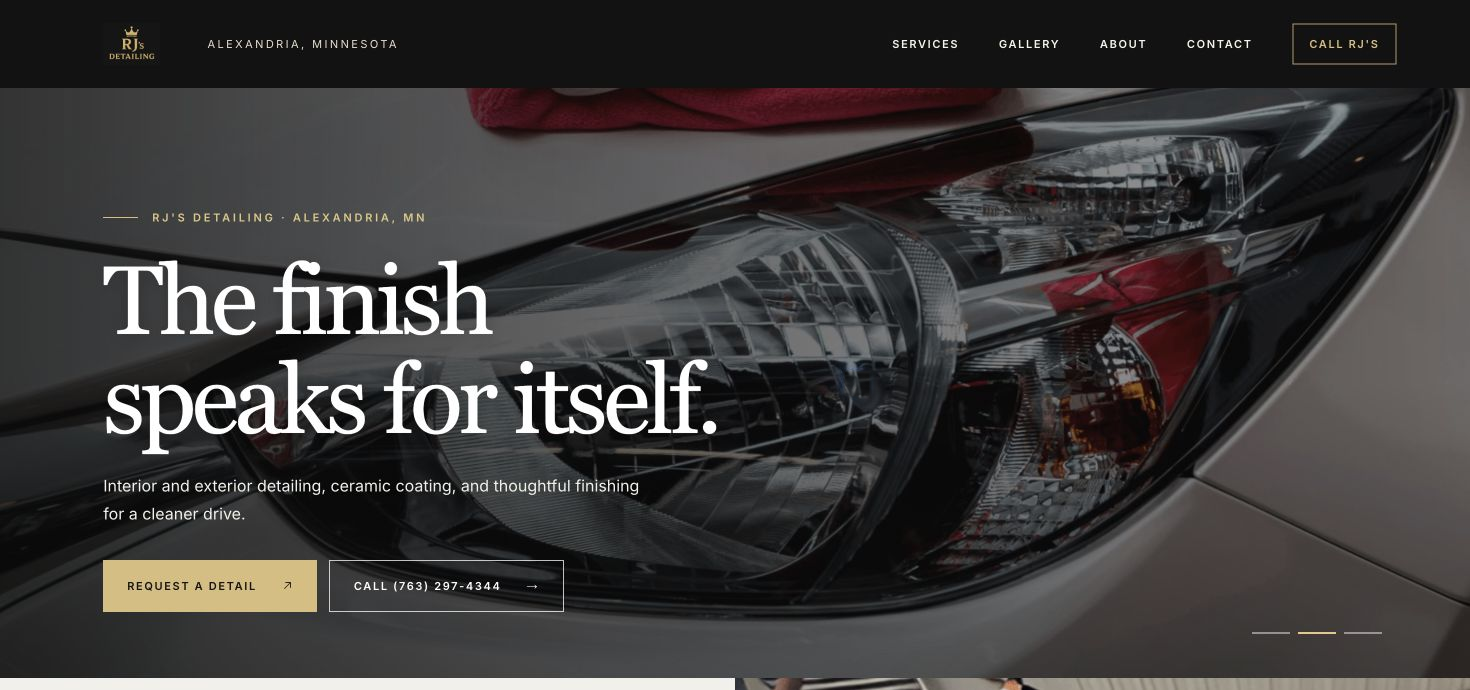 The live RJ’s Detailing website, featuring its services and a request-a-detail button